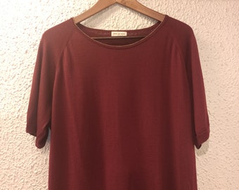 DRIES VAN NOTEN Thin Gold Trim Neck Wool Knit Top Burgundy with defect size Large