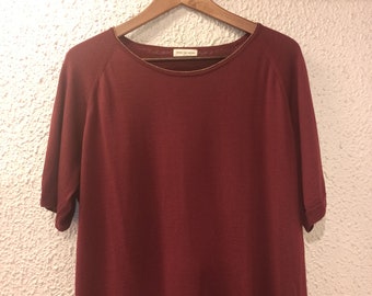 DRIES VAN NOTEN Haut en tricot de laine à col finement doré bordeaux avec défaut taille Large