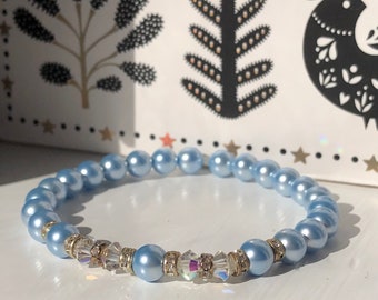 Cinderella slipper inspired blue bracelet, Faux pearl beads with clear AB bicones & crystal diamanté rhinestone rondelles (6mm)