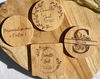 Sous verre en bambou personnalisé | mariage | anniversaire | dessous de verre en bois |  cadeau personnalisé