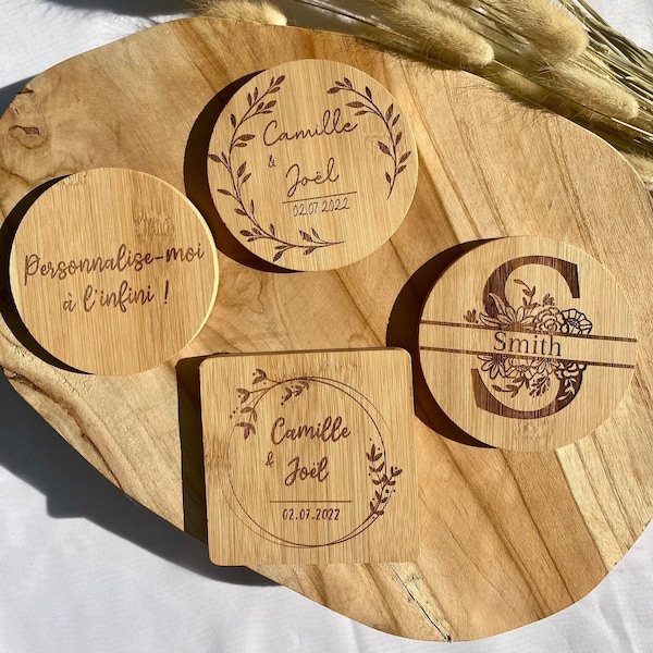 Sous verre en bambou personnalisé | mariage | anniversaire | dessous de verre en bois |  cadeau personnalisé