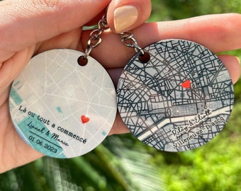 Porte clé personnalisé lieu de rencontre carte maps en cadeau saint valentin cadeau de couple, carte de ville, cadeau mariage