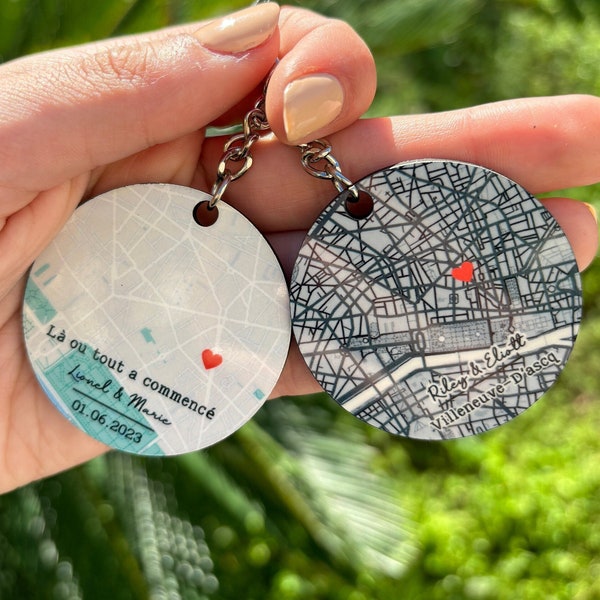 Porte clé personnalisé lieu de rencontre carte maps en cadeau saint valentin cadeau de couple, carte de ville, cadeau mariage