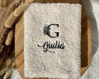 Personalized baby health record book cover with embroidered name, terry cloth fabric, baby gift