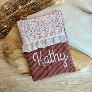 Personalized health book protector embroidered in corduroy fabrics and liberty small flowers