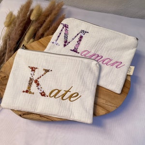 Personalized pouch in double cotton gauze embroidered makeup pouch gift idea makeup bag image 1