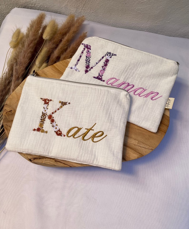 Personalized pouch in double cotton gauze embroidered makeup pouch gift idea makeup bag image 1