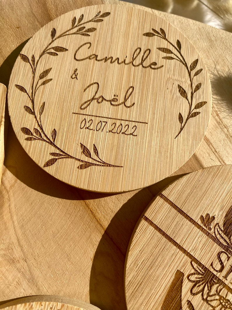 Sous verre en bambou personnalisé mariage anniversaire dessous de verre en bois cadeau personnalisé image 2