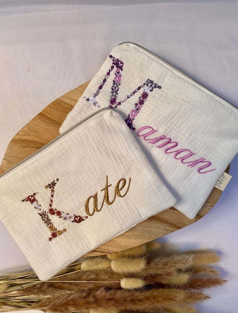 Personalized pouch in double cotton gauze embroidered makeup pouch gift idea makeup bag image 7