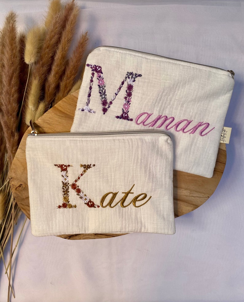 Personalized pouch in double cotton gauze embroidered makeup pouch gift idea makeup bag image 8