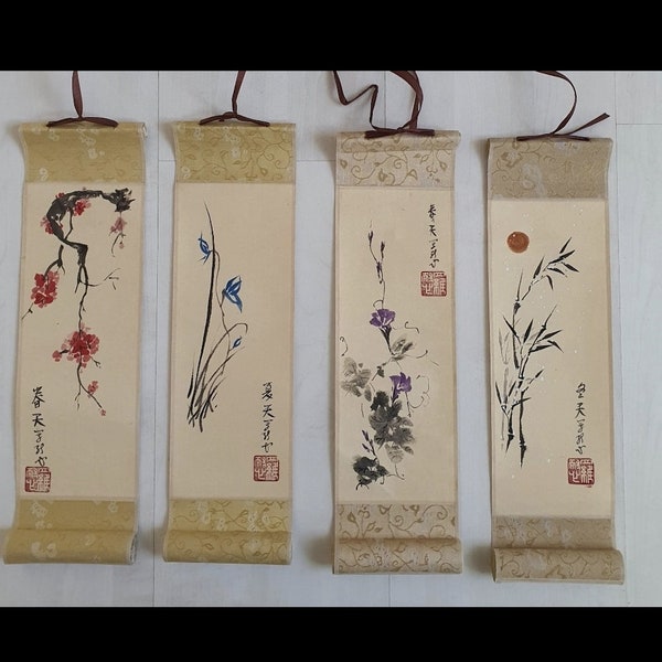 Kakemono quatre saisons sur papier de riz. Encre de Chine. Peintre 罗耐心  Luō Nàixīn. Œuvres uniques numérotées. Sumie