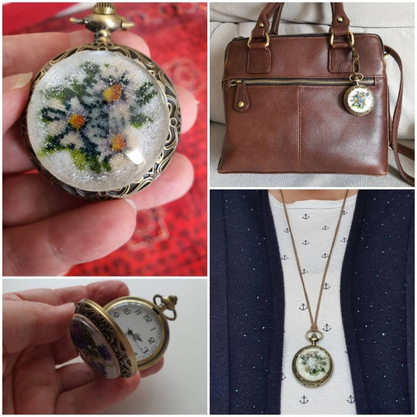 Montre à gousset en bronze antique, Marguerites brodées pailletées à porter en collier / porte clés / bijou sac à mains ou poche infirmière