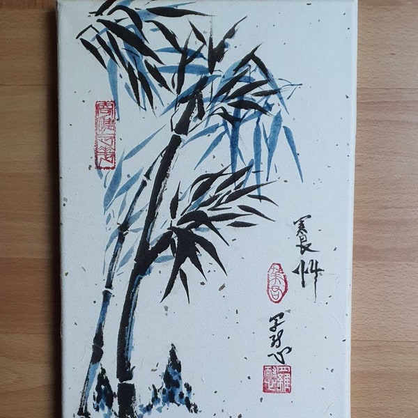 Tableau bambou en peinture chinoise sur papier de riz. Art asiatique. Peintre 罗耐心  Luō Nàixīn. Encre Chine. Œuvre unique numérotée