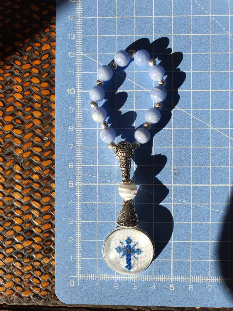 LEEQ 2 Chapelets De Rétroviseur Voiture - Rosaire Court Avec Croix Argenté Pour Homme Et Femme