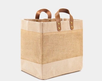 personalised black and leather jute shopper