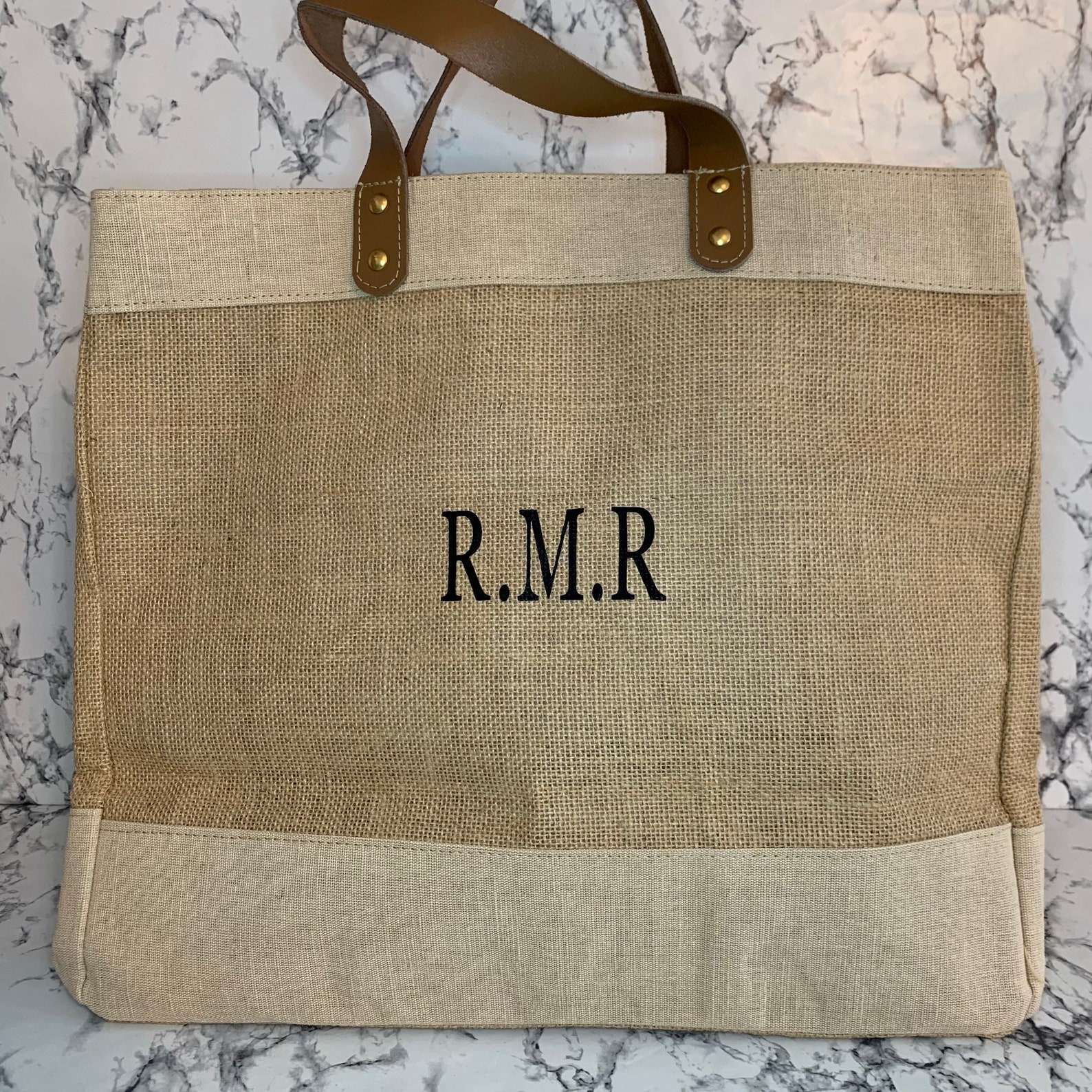Personalised Small Jute/canvas Tote With Leather Handles Etsy