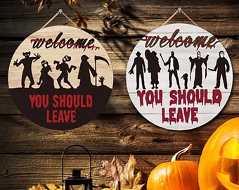Front Door Spooky Welcome Sign, Halloween Wreath Decoration, 3D Horror Welcome Sign，Scary Porch Decorations Hanging Gifts