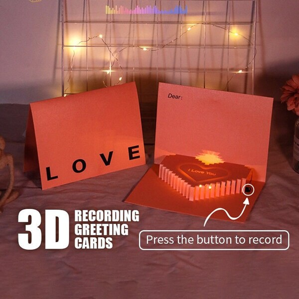 3D Greeting Card Recordable Audio Love Heart Cards With 30 second Audio Greeting card with lights Gifts for Girlfriend Wife Valentine's Day