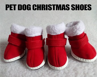 4pc, Red Christmas Dog Shoes Breathable Winter Dog Boots Anti-Slip Sole and Skid-Proof,Outdoor Dog Shoes for Small and Medium Dogs