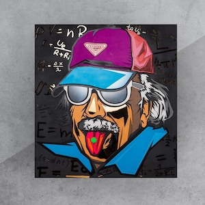 Vetro cartoon 3D Albert Einstein Pop Art 3d in legno. Divertenti decorazioni da parete, decorazioni da parete per camera da letto e graffiti
