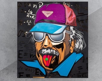 Albert Einstein, dibujo animado en vidrio 3D, arte pop de madera 3D. Arte mural divertido, arte mural para dormitorio y grafiti.