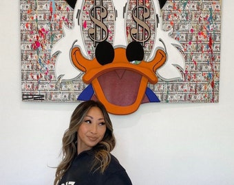 Pared de escultura cinética de madera moderna Arte 3D Scrooge Mcduck ORO ojos Marco Imagen 3D Arte pop personalizado con marco / Arte contemporáneo / arte pop