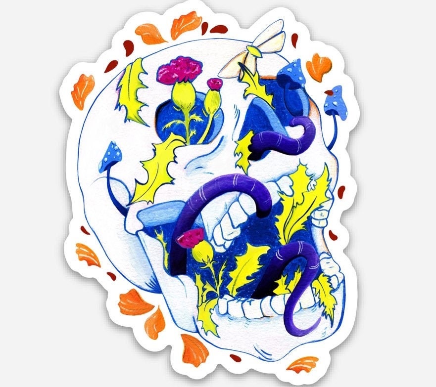 Screaming skull with thistle, snake, and mushroom vinyl sticker