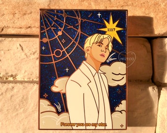 May include: A rectangular pin featuring a man in a white suit against a dark blue, starry background with a celestial design. The pin includes the text "1117" and "Forever you are my star."