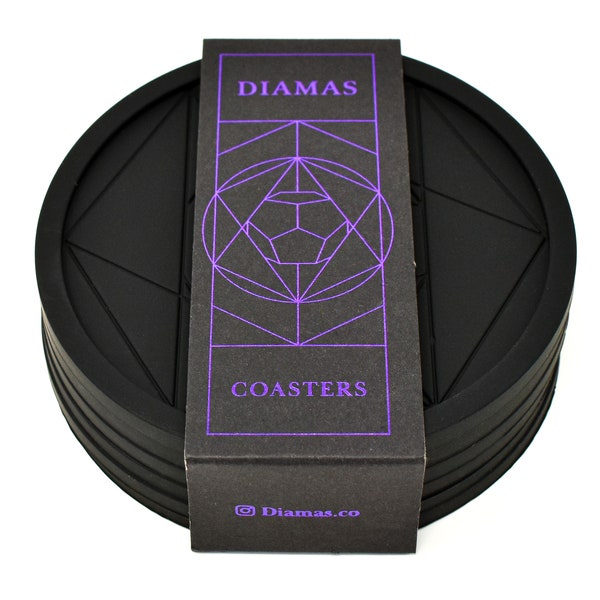 DIAMAS Geometric Black Coasters Set of 6 | FDA Premium Eco Non Slip Silicone Drinks Coasters for Coffee Tea Mug Whiskey Gin Beer Wine Glass