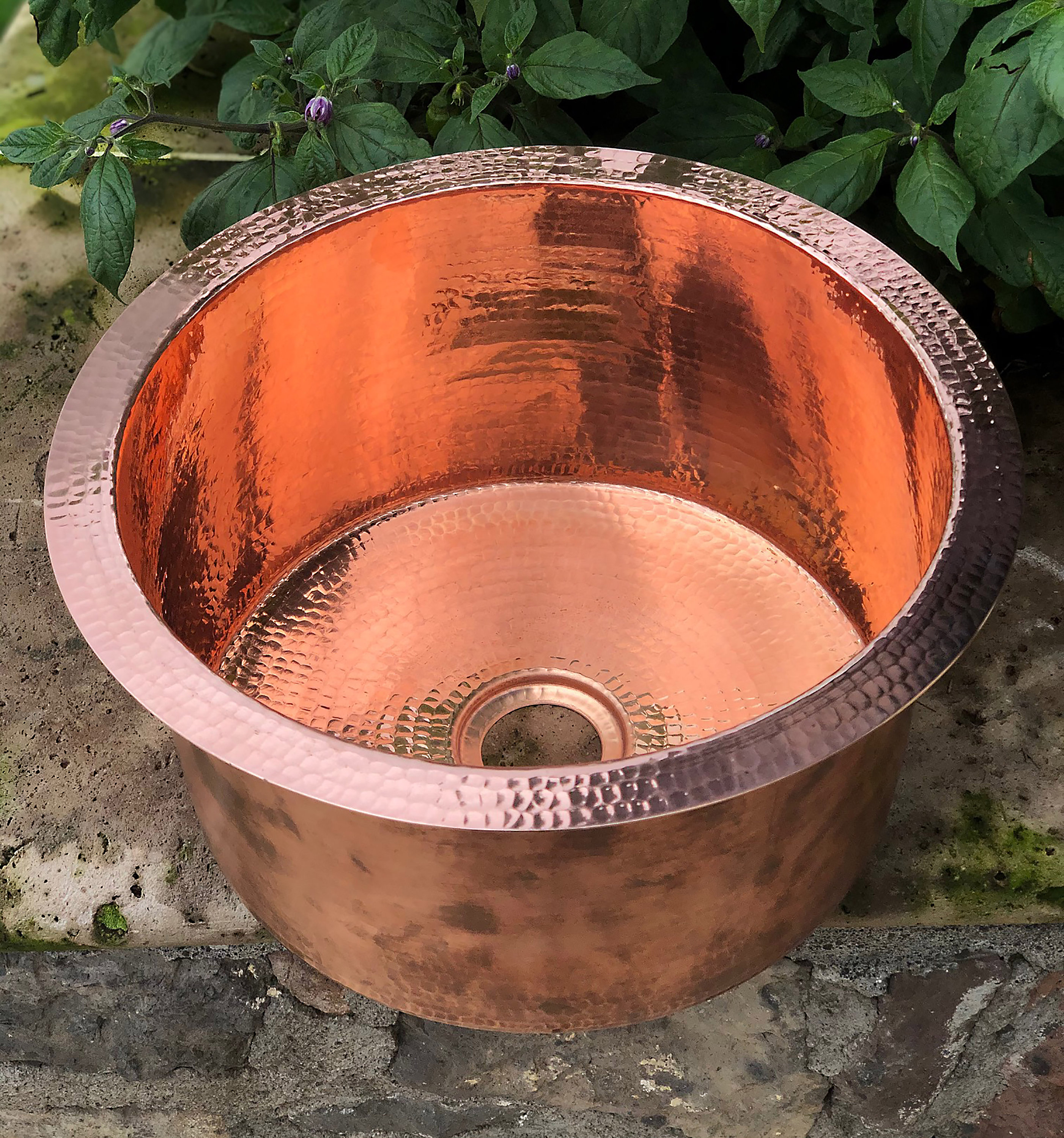 Hand Hammered 14" Polished Copper bar sink with choice of drain