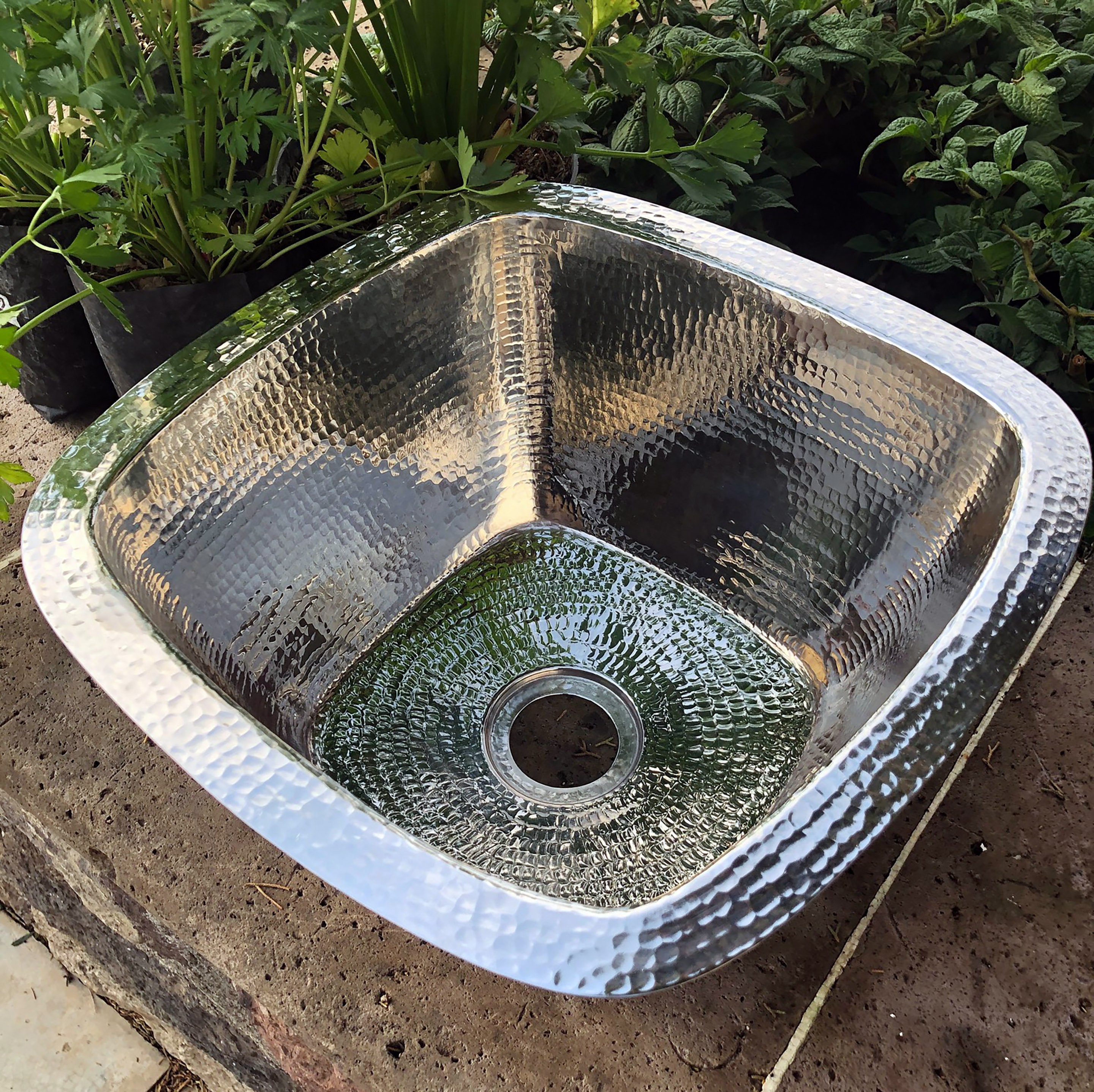 Hand Hammered Nickel 15" square bar sink with choice of drain opening