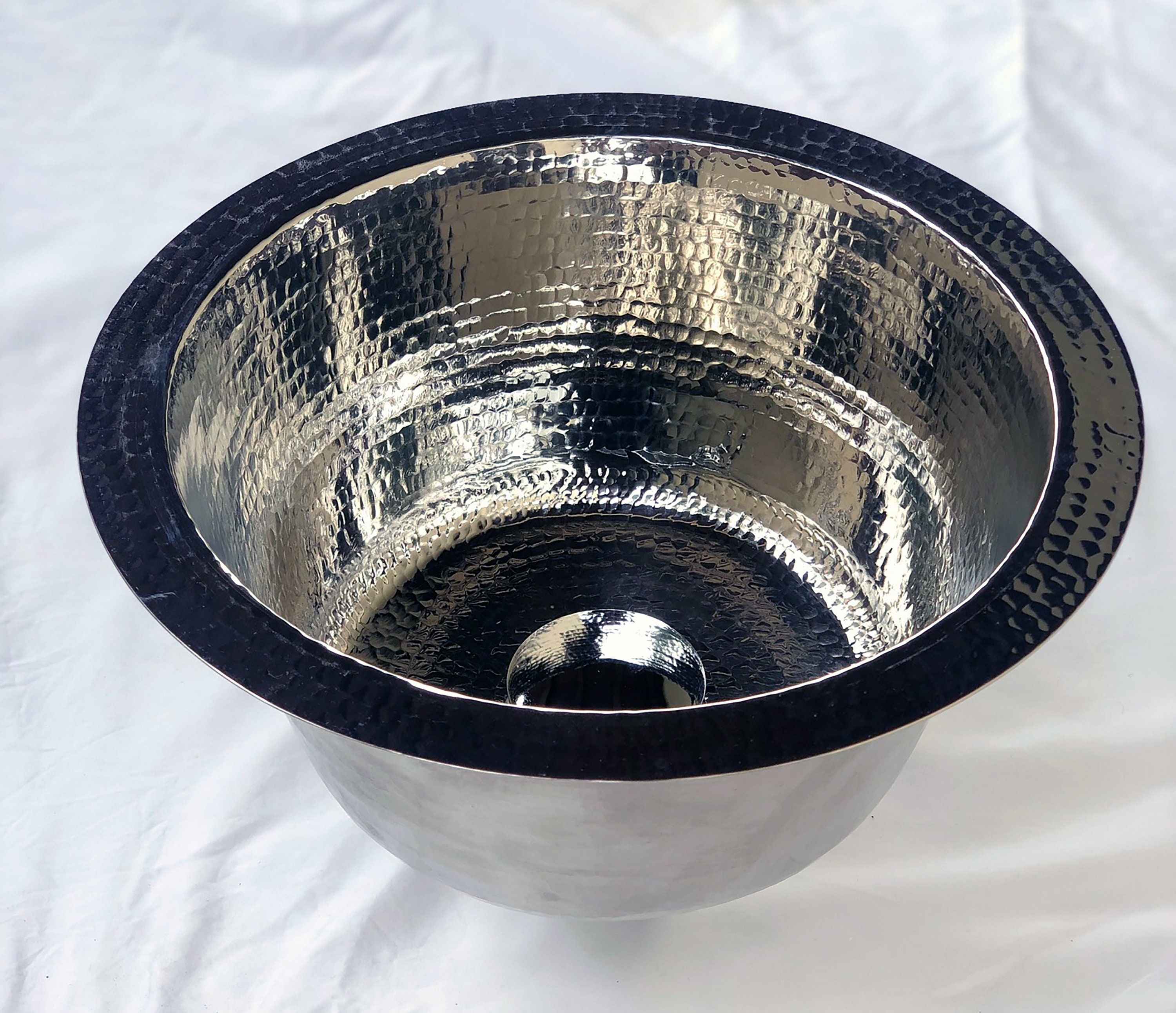 Hand Hammered Nickel 13" round bar sink with choice of drain opening