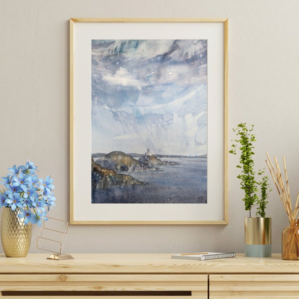 Original abstract watercolour mounted print, semi abstract seascape painting PRINT of "Whim-sea mumbles".