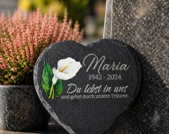 Personalized slate heart with calla lilies – grave decoration with engraving, weatherproof grave decoration