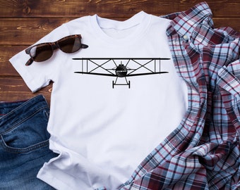 T-shirt pour hommes et femmes avec imprimé avion vintage, noir ou blanc, personnalisable avec le texte souhaité, chemise aviateur avec biplan