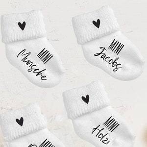 Announce pregnancy, baby socks white, MINI and last name, gift