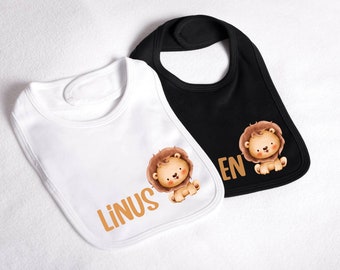 Baby bib burp cloth with cute lion motif. Personalizable gift for a birth