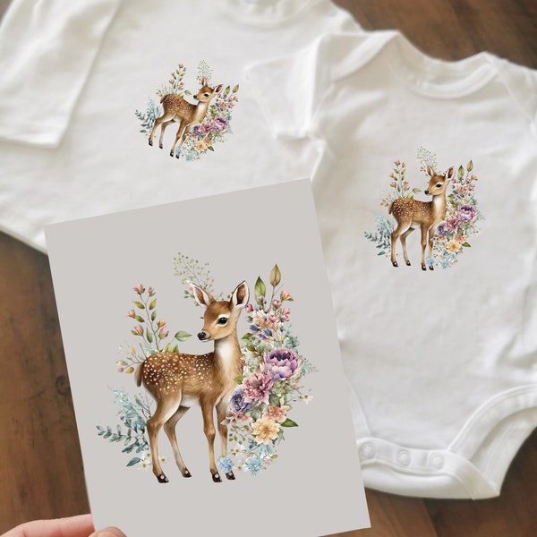 Reh Bügelbild Bügelpatches Bilder zum aufbügeln auf Stoff Deer Bambi mit Blumen