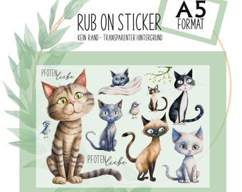 Rub-On Sticker Tattoo Katze Cat Pfotenliebe  Motive A5 z.B. f. Raysin, Glas, Kunststoff, Holz