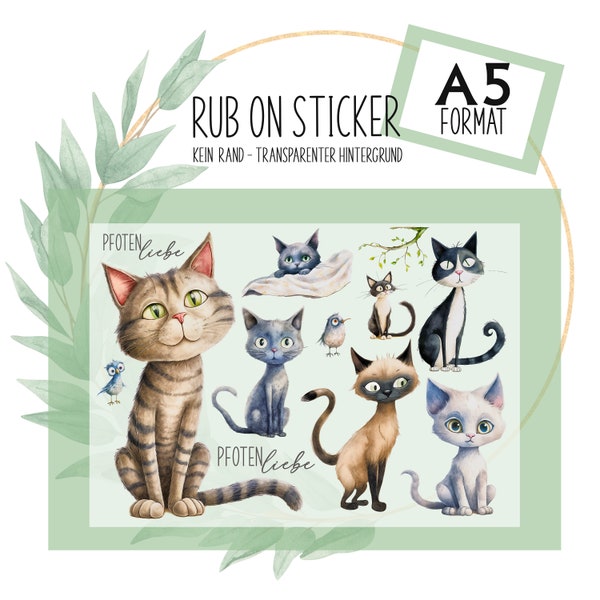 Rub-On Sticker Tattoo Katze Cat Pfotenliebe  Motive A5 z.B. f. Raysin, Glas, Kunststoff, Holz