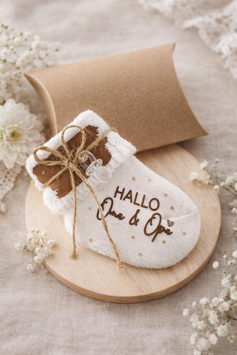 Babysocke weiß Baumwolle personalisiert - Geschenk zur Schwangerschaftsverkündung | Geschenk Großeltern | Baby Ankündigung mit kleinen Deko-Schnuller