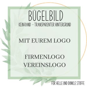 Könnte beinhalten: Ein hellgrünes Quadrat mit schwarzem Text, darunter "BÜGELBILD" und "MIT EUREM LOGO". Der Text ist von einem goldenen Kreis und grünen Blättern umgeben. Der Text enthält auch "FIRMENLOGO" und "VEREINSLOGO".