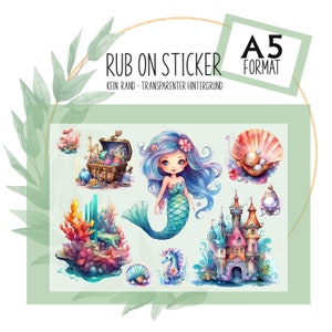 Rub-On Sticker ohne Rand Aufkleber Meerjungfrau Motive auf A5 Bogen z.B. f. Raysin, Glas, Kunststoff, Holz