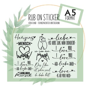 Sticker Set Rub-On Tattoo Love Valentin Herzensmensch Spruch A5 z.B. f. Raysin, Glas, Kunststoff, Holz