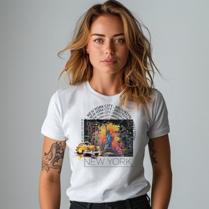 New York T-Shirt für Damen und Herren, Print mit Freiheitsstatue Taxi und Metro Karte, Outfit für New York Städtetrip, Geschenk USA Fans