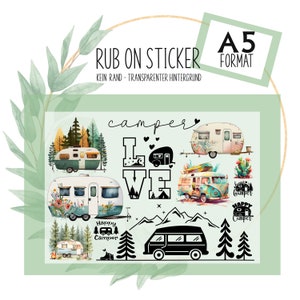 Rub-On Sticker Aufklber Randlos Camper Wohnwagen Motive auf A5 Bogen z.B. f. Raysin, Glas, Kunststoff, Holz