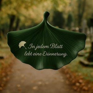 Könnte beinhalten: Ein grünes Ginkgoblatt mit dem Text "In jedem Blatt lebt eine Erinnerung." Das Blatt ist scharf und der Hintergrund ist verschwommen.