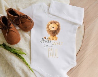 Baby bodysuit Newborn bodysuit Hello world with lion Personalized gift for birth Baby clothes Pregnancy announcement
