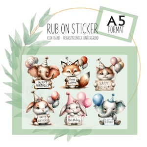Rub-On Sticker Tattoo Geburtstag Happy Birthday TierMotive A5 z.B. f. Raysin, Glas, Kunststoff, Holz