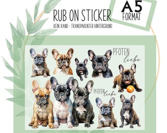 Rub-On Sticker Tattoo French Bulldoge Hund Pfotenliebe Motive A5 z.B. f. Raysin, Glas, Kunststoff, Holz